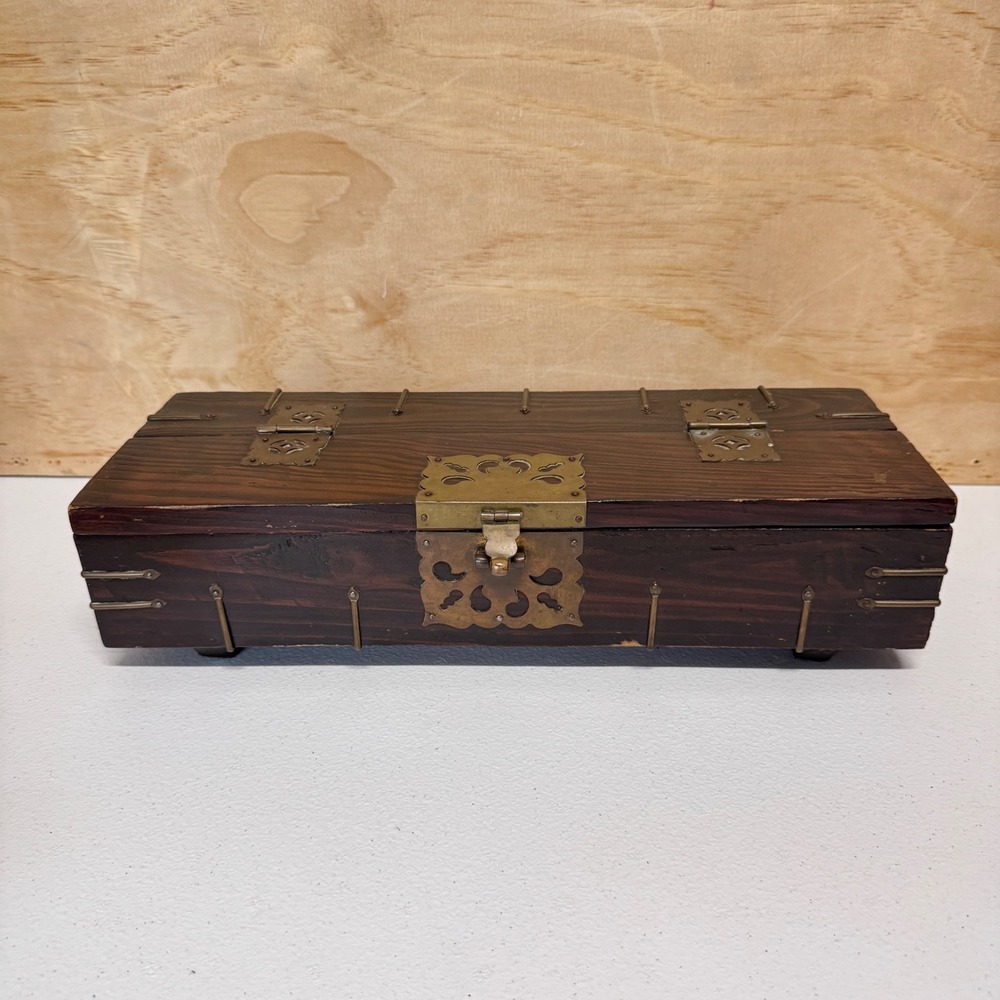 Vintage Asian Wood & Brass Accent Chest with Fish Padlock & Red Velvet Lining